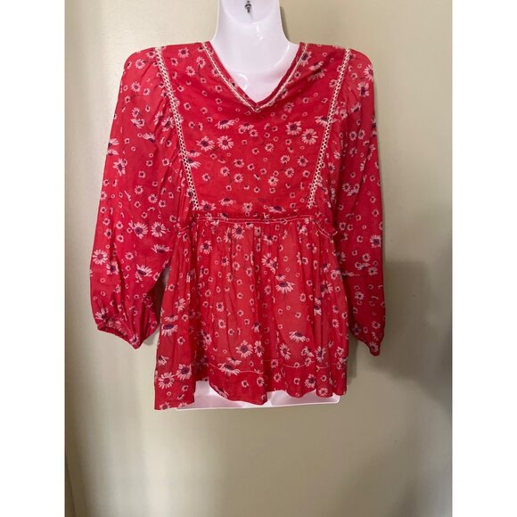 Free People XS Red Floral Boho Blouse With Tie Front & Lace Details Lagenlook - Picture 8 of 10